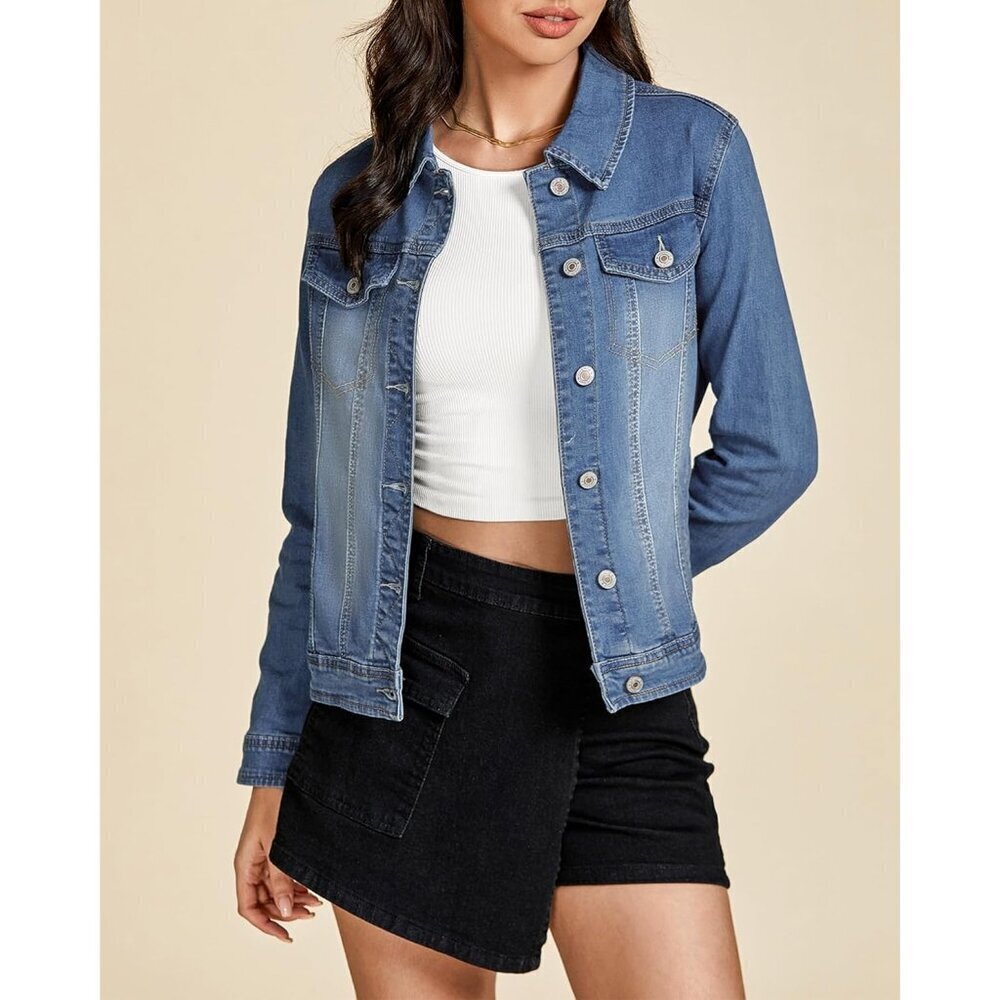 Women's Basic Long Sleeves Button Down Fitted Denim Jean Jacket Vintage Blue - Picture 2 of 9